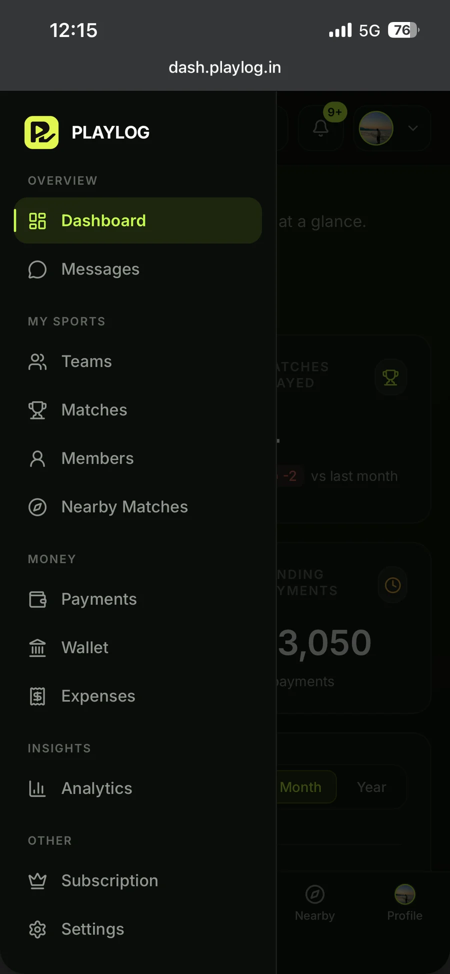 PlayLog on a phone, with the navigation menu open