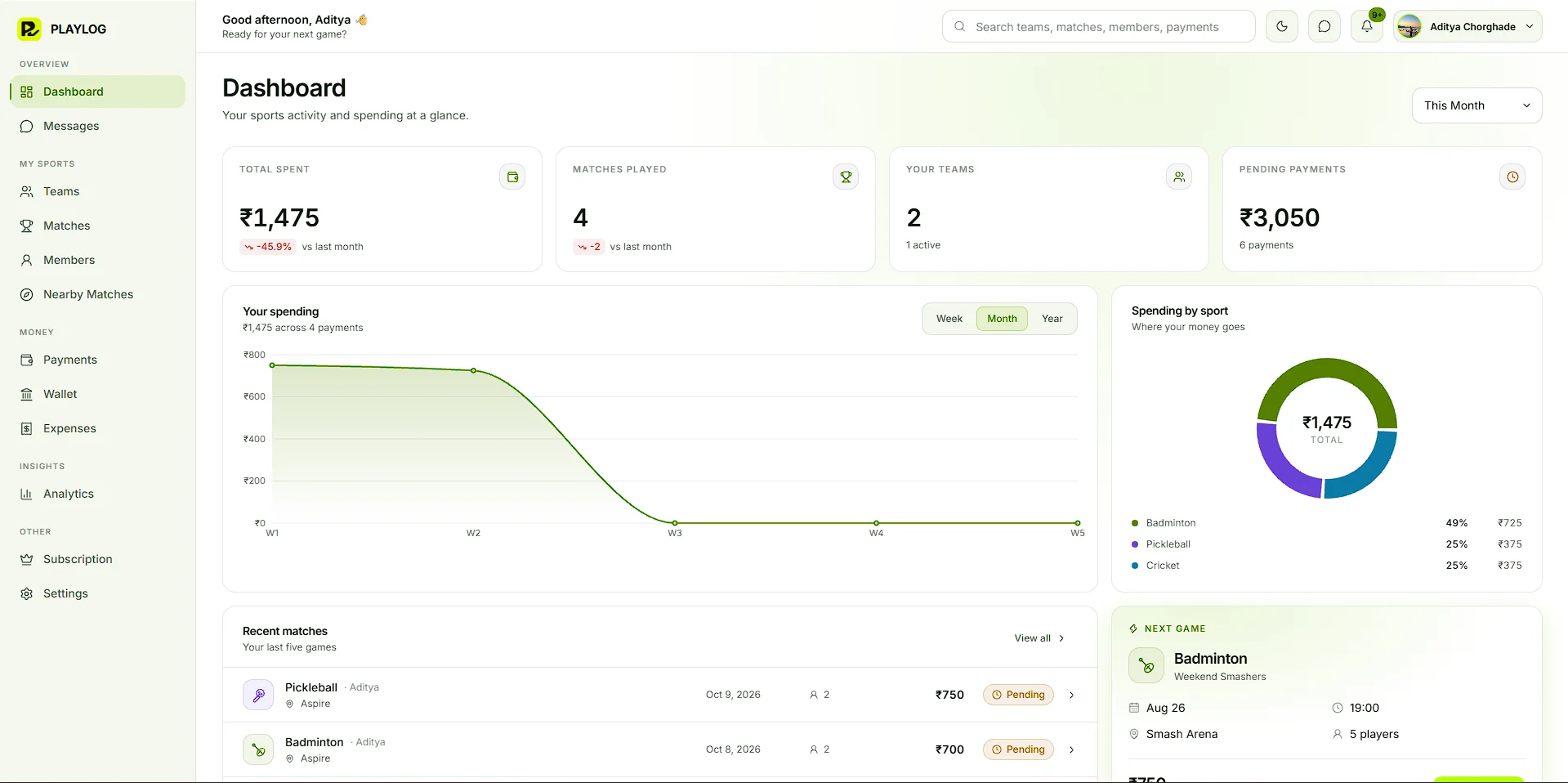 The PlayLog dashboard: total spent, matches played, teams, pending payments, a spending chart and recent matches