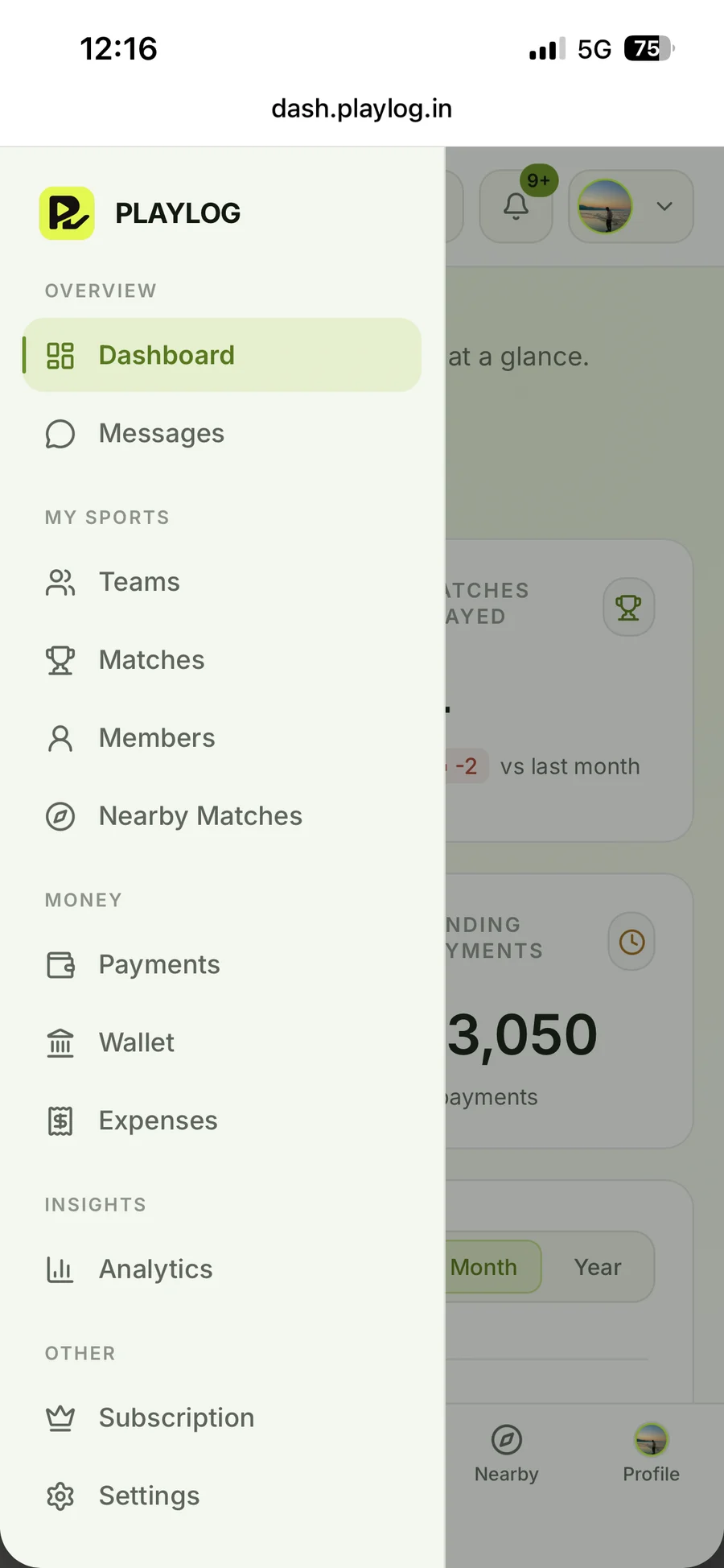 PlayLog on a phone, with the navigation menu open
